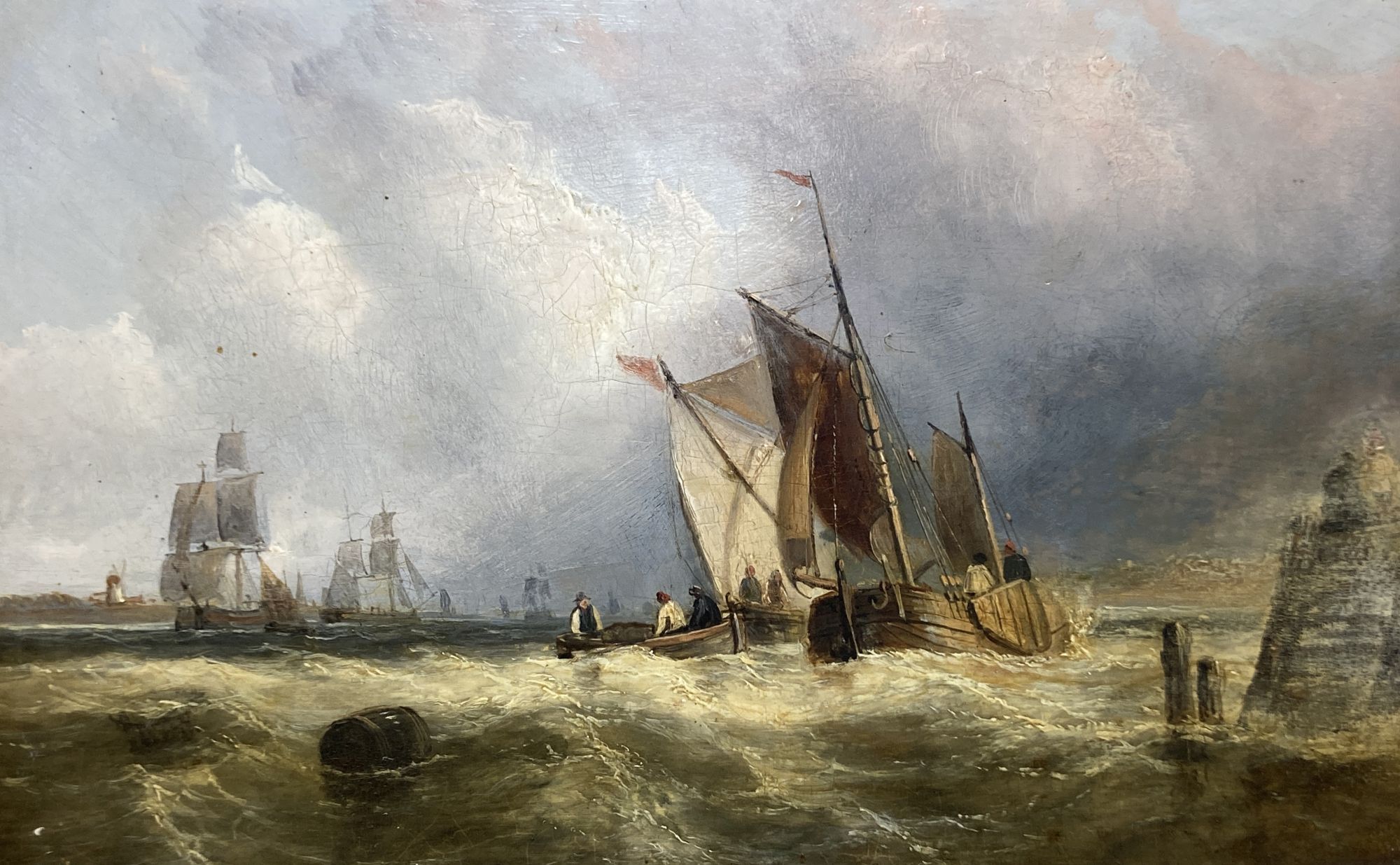 19th century English School, oil on panel, Shipping off the coast, 24 x 38cm